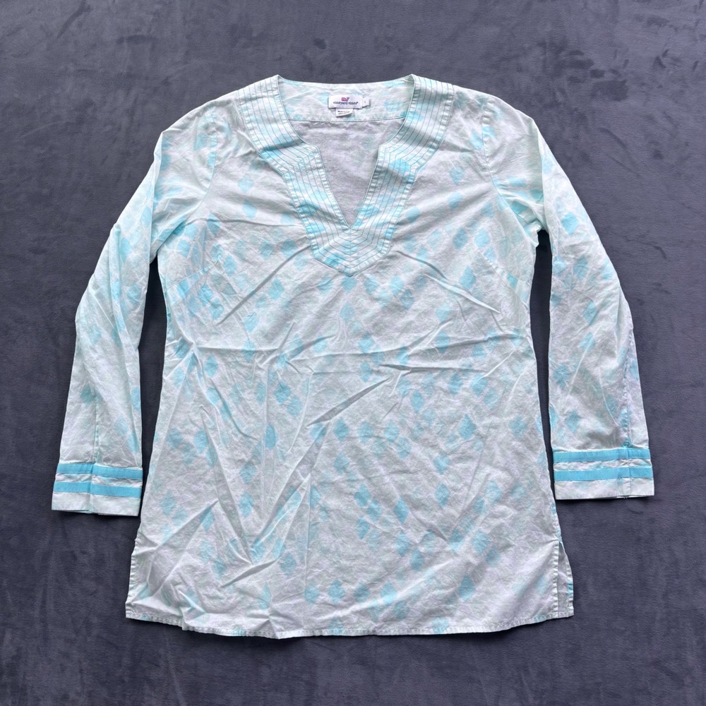 Vineyard Vines Light Blue White Ikat Diamond Cotton Tunic Top Large